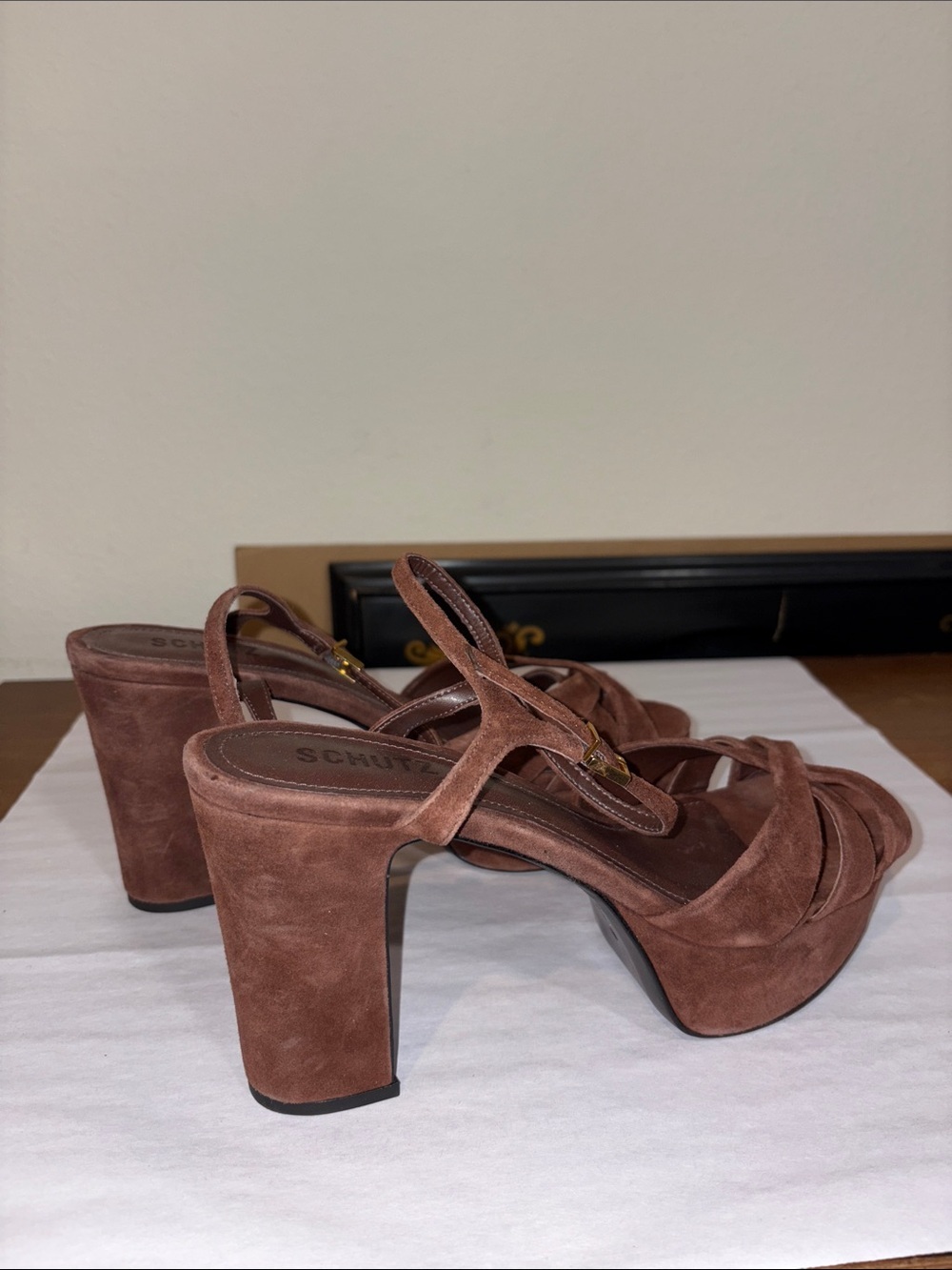 Schutz 'Keefa' platform sandal in brown suede with 4 inch block heel